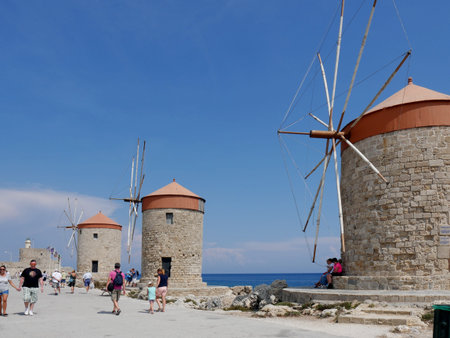 Windmills on the quay at Mandraki Harbour on the island of Rhodesのeditorial素材