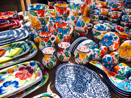 Colourful pottery on sale on the market in Nerja Spain