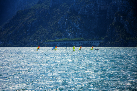 Windsurfing on Lake Garda which is a popular European tourist destinationのeditorial素材