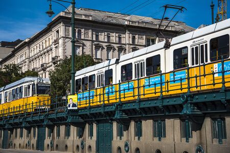 Tram on the banks of the River Danube  in Budapest Hungaryのeditorial素材