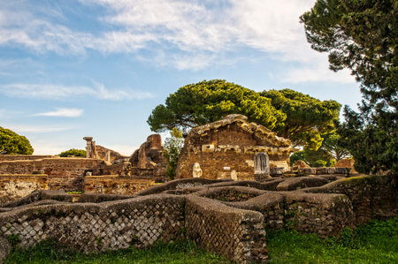 The archaeological site of the abandoned Ostia Antica, the old port of Rome in Italy.At the mouth of the River Tiber,Ostia was Rome's seaport, but due to silting  the site now is 3k from the seaのeditorial素材