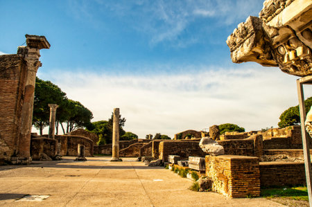 The archaeological site of the abandoned Ostia Antica, the old port of Rome in Italy.At the mouth of...
