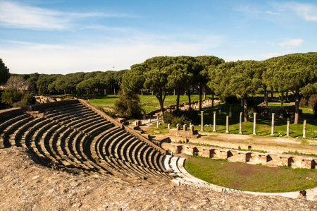 The archaeological site of the abandoned Ostia Antica, the old port of Rome in Italy.At the mouth of...