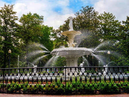 Statues and Fountains in Forsyth Park in Savannah Georgia USA Forsyth Park is a large and beautifil green space in the beautiful City of Savannah in Georgiaのeditorial素材