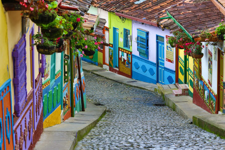 colourful street in Guatape Colombiaの写真素材