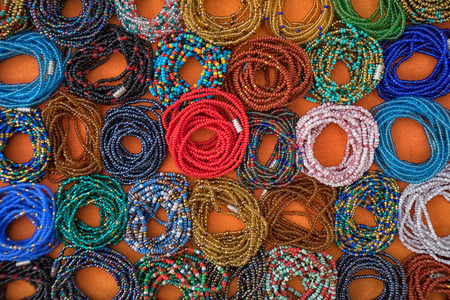colourful microbead jewelery closeup in Otavalo market Ecuadorの写真素材