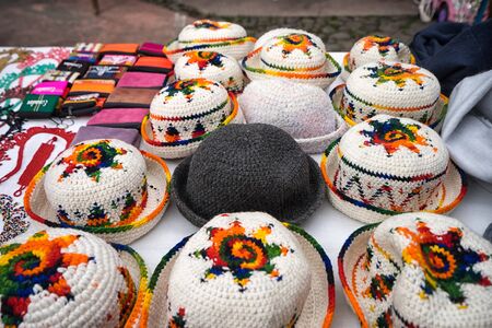 hand knitted wool hats closeup in Ecuadorの写真素材