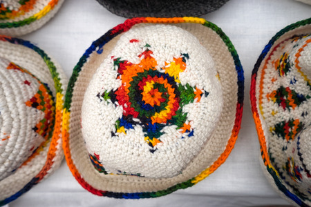 colourful hand knitted hats in Otavalo Ecuadorの写真素材