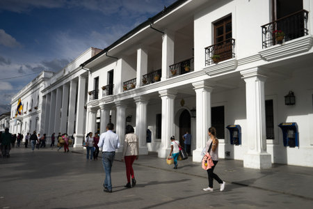 September 1, 2016 Popayan, Colombia: people walk through the historic center of the colonial townのeditorial素材