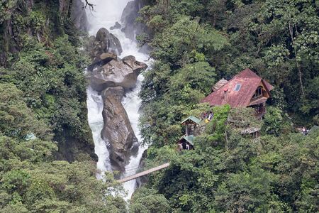 July 15, 2016 Banos, Ecuador: the bottom part of Pailon del Diablo with the guesthouseのeditorial素材
