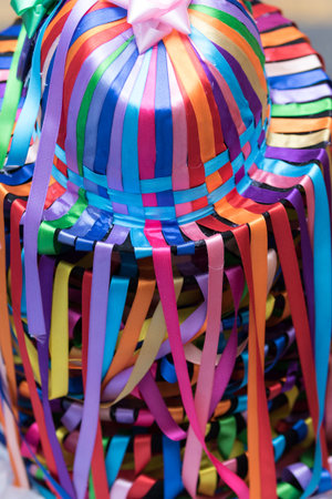 closeup of  colourful traditional hats in the Otavalo market Ecuador