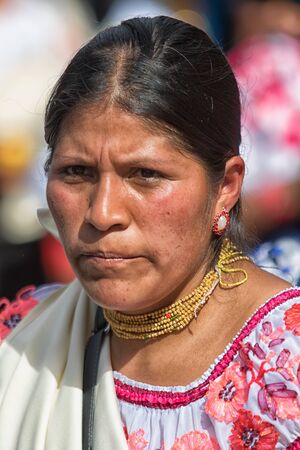 July 1, 2017 Cotacachi, Ecuador: traditionally dressed Kichwa woman at Punchi Warmi celebrationのeditorial素材
