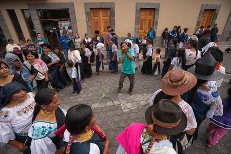 July 1, 2017 Cotacachi, Ecuador: kichwa indigenous women dancing in circle during Punchi Warmi celebrationのeditorial素材