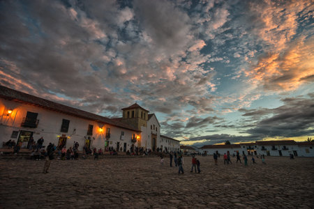 July 20, 2017 Villa de Leyva, Colombia: the main plaza of the colonial town at sunsetのeditorial素材