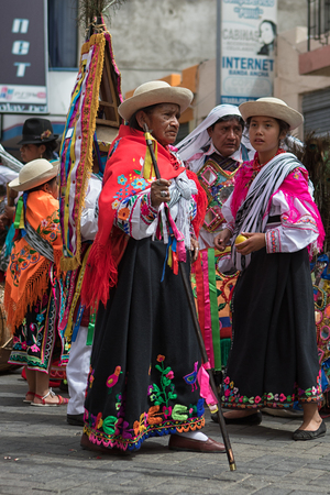 June 18, 2017 Pujili, Ecuador:  indigenous kichwa woman wearing a  traditional dress  at Corpus Christi paradeのeditorial素材