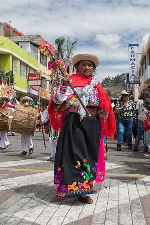 June 18, 2017 Pujili, Ecuador:  indigenous kichwa woman wearing a  traditional dress  at Corpus Christi paradeのeditorial素材