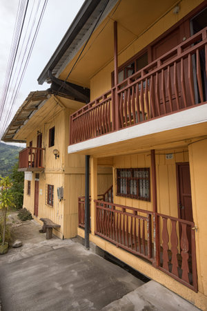 June 8, 2017 Baeza, Ecuador: the mountain town is known for its small ccolorful historic town centre with wood plank houses and as a gateway to adventure sportsのeditorial素材