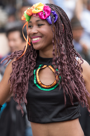 June 17, 2017 Pujili, Ecuador: female dancer closeup at the Corpus Christi annual paradeのeditorial素材