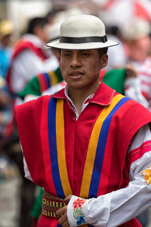 June 17, 2017 Pujili, Ecuador: indigenous kichwa male dancer in traditional costume at the Corpus Christi festivalのeditorial素材