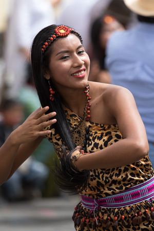 June 17, 2017 Pujili, Ecuador: indigenous female dancer at the Corpus Christi annual paradeのeditorial素材