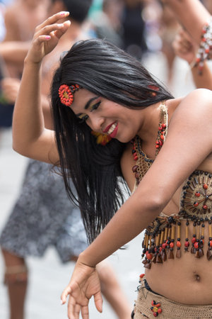 June 17, 2017 Pujili, Ecuador: indigenous female dancer at the Corpus Christi annual parade
