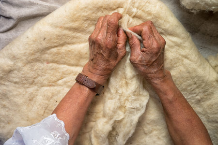 April 21, 2017 Iluman, Ecuador: hands of an elderly quechua woman preparing natural sheep wool for artisan hat manufacturingのeditorial素材
