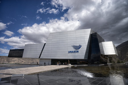 August 1, 2016 Quito, Ecuador: modern architecture of the UNASUR building which was built on the equator hosting the united nations of South Americaのeditorial素材