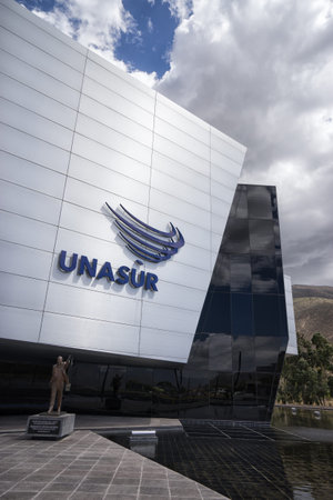 August 1, 2016 Quito, Ecuador: modern architecture closeup details of the UNASUR building which was built on the equatorのeditorial素材