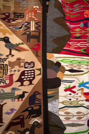 February 25, 2017 Otavalo, Ecuador: artisan handmade decorative textile in the indigenous marketのeditorial素材
