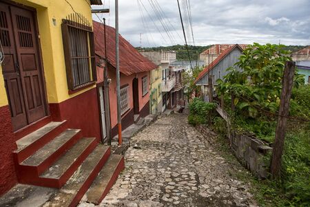 Flores, Guatemala: cobblestone street on the small tourist destination islandの写真素材