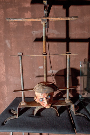 May 20, 2014 Zacatecas, Mexico: torture chair in the inquisition objects museum  tool displayed at the torture and inquisition museumのeditorial素材