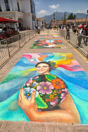 April 14, 2014 San Cristobal de las Casas, Mexico: sidewalk chalk drawing depicting the local culture of the indigenous peopleのeditorial素材