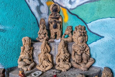 February 3, 2015 San Pedro la Laguna, Guatemala: illustrative editorial closeup of antique statues in a Maya ritual praying roomのeditorial素材