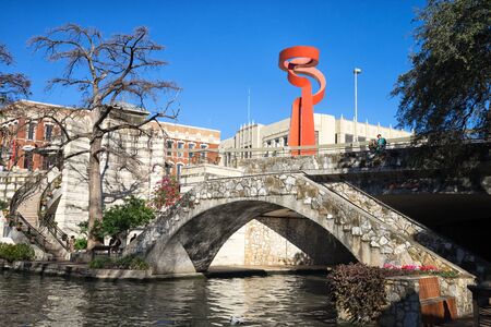 January 3, 2016 San Antonio, Texas:the Torch of Friendship landmark seen from the river walkのeditorial素材