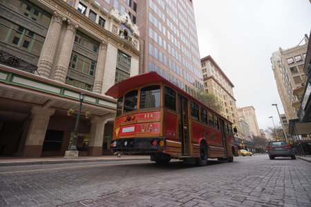 January 8, 2016 San Antonio: a tourist tour bus rolling through the historic downtownのeditorial素材