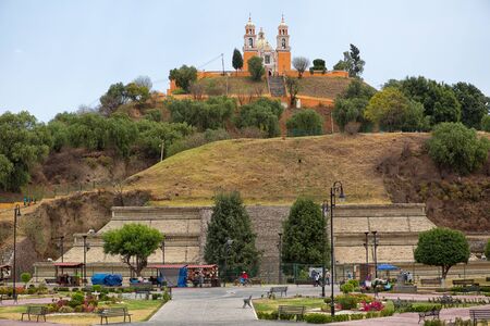 March 31, 2014 Cholula, Mexico: the most popular tourist attraction of the city is the Great Pyramid with the Nuestra SeÃ±ora de los Remedios sanctuary on topのeditorial素材