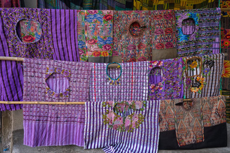 April 30, 2016 Santiago Atitlan, Guatemala: Maya 'huipil' traditional womens blouse offered at local gift shops as tourist souvenirsのeditorial素材