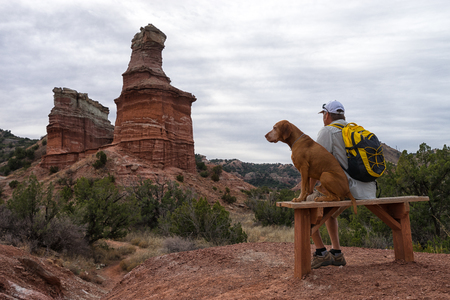 December 20, 2015 Palo Duro, Texas: man sitting on bench with dog while taking a break from hiking the Palo Duro canyon at Lighthouse Rockのeditorial素材