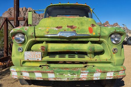 November 9, 2015 Nelson, Nevada, USA: front end closeup of a vintage abandoned classic truck in the desertのeditorial素材