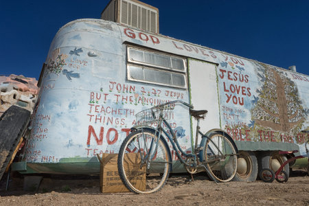 November 17, 2015 Niland, California, USA: a bike leaning against a decorated trailer at Salvation...