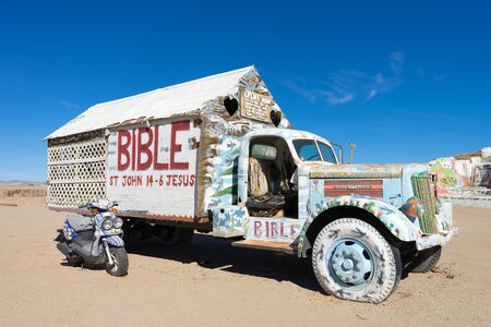 November 17, 2015 Niland, California, USA: vehicle painted with religious messages at Salvation Mountainのeditorial素材