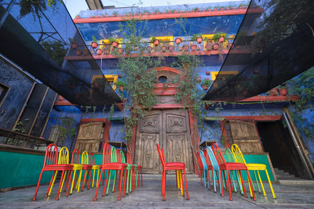 January 16, 2016 Monterrey, Mexico: Colourful colonial architecture and patio in the historic old town called 'Barrio Antiguo"のeditorial素材