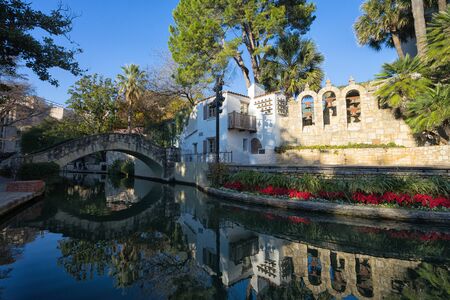 January 8, 2016 San Antonio: Arneson River Theatre mirroring into water along the Riverwalkのeditorial素材