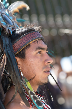 March 4, 2016, San Miguel de Allende, Mexico: profile portrait of an indigenous Mexican dancer  at ...