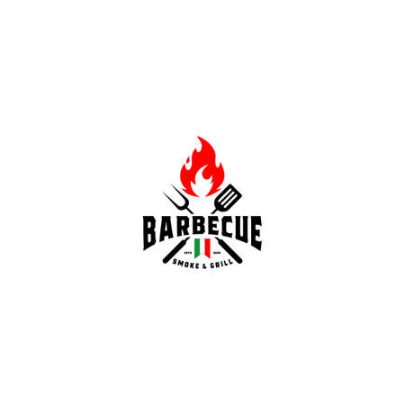 Vintage Grill Barbeque Barbecue Bbq with Crossed Fork, Spatula and Fire Flame  Designのイラスト素材