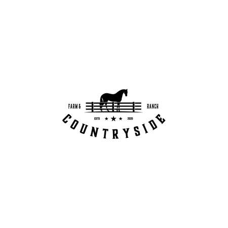 Horse Silhouette Behind Wooden Fence Paddock for Vintage Retro Rustic Countryside Western Country Farm Ranch Designのイラスト素材
