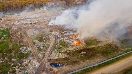 Aerial view of illegal landfill in the forest. Environmental pollution aft.の写真素材