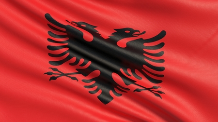 Flag of Albania. Waved highly detailed fabric texture.の写真素材
