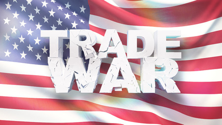 Trade war concept. Cracked text on flag of America. 3D illustration.の写真素材
