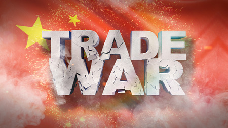 Trade war concept. Cracked text on flag of China. 3D illustration.の写真素材